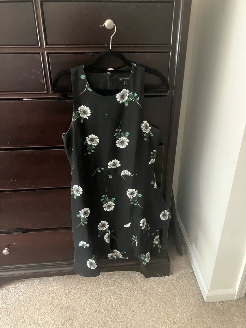 Banana Republic Black Floral Midi Dress with White & Green Blooms